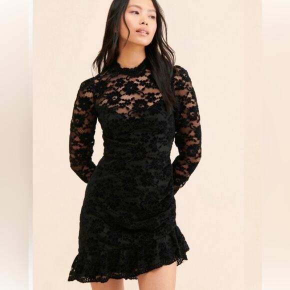 SAYLOR Dresses & Skirts - SAYLOR Kacey Black Velvet Lace Asymmetric Open Back Mini Dress Size Small